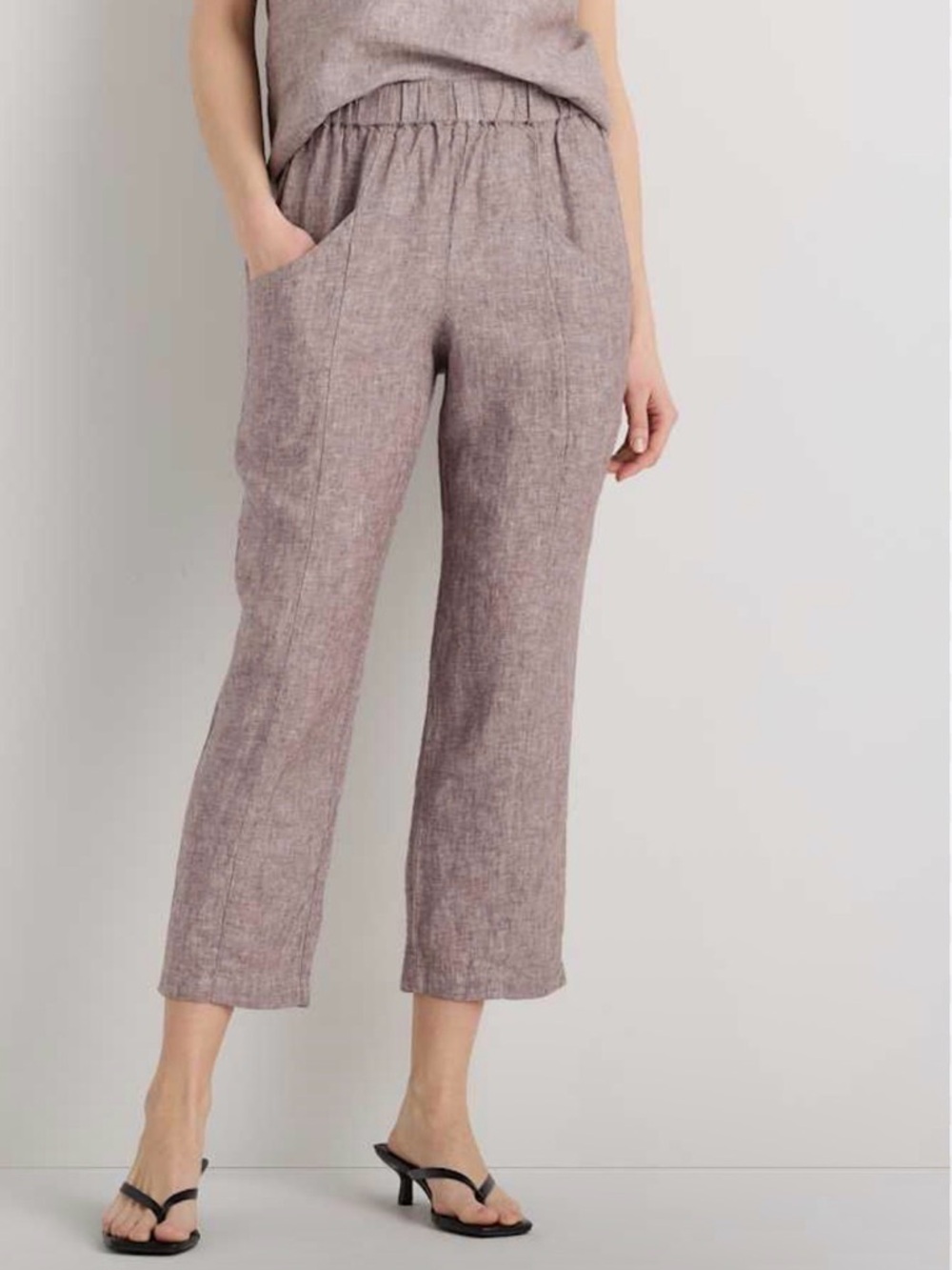 Quince 100% European Linen Tapered  Ankle Pants XS Taupe Brown Chambray EUC